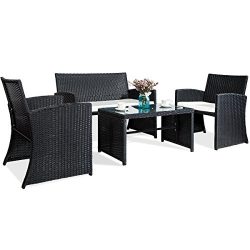 Merax 4 PC Outdoor Garden Rattan Patio Furniture Set Cushioned Seat Wicker Sofa (Black)