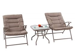 PHI VILLA Patio 3 PC Soft Padded Folding Chair Set Cushioned Chairs Outdoor Furniture, Khaki