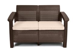 Keter Corfu Love Seat All Weather Outdoor Patio Garden Furniture w/ Cushions, Brown