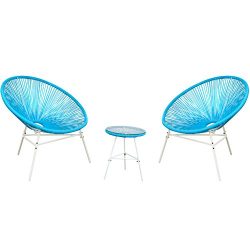 Outdoor Acapulco Sun Weave Lounge Patio Chair with Top Glass Table 3 pcs, Blue