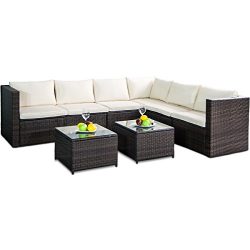 Leisure Zone Rattan Patio Furniture Set Wicker Sofa Cushioned Sectional Furniture Set Garden Pat ...