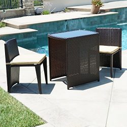 Belleze Patio Furniture Wicker 3pc Bistro Set W/ Glass Top Table, 2 Chairs UV Cushion Brown