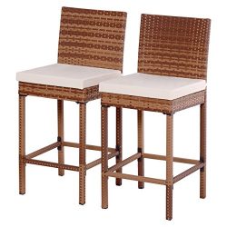 Tangkula Set Of 2 Patio Rattan Bar Stool Chair Steel Frame Wicker Barstool with Cushions