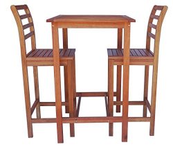 Zen Garden ZG014 Eucalyptus 3-Piece Bar Set with Bar Table and 2 Bar Chairs, Natural Wood Finish