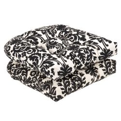 Pillow Perfect Indoor/Outdoor Black/Beige Damask Wicker Seat Cushions, 19-Inch Length, 2-Pack