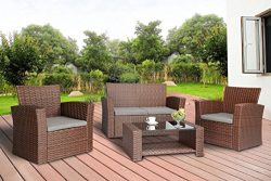 Baner Garden (N87-BR) 4 Pieces Conversational Outdoor Furniture Complete Patio Cushion Wicker Ra ...