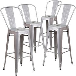 Flash Furniture 4 Pk. 30” High Silver Metal Indoor-Outdoor Barstool with Back