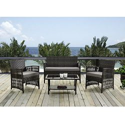 Patio Furniture Dining Set 4 PCS Garden Outdoor Indoor Furniture Set Rattan Wicker Brown Cushion ...