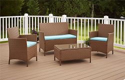 Cosco Dorel Industries Outdoor Jamaica 4-Piece Resin Wicker Complete Patio Set, Tan with Teal Cu ...