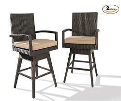 Ulax Furniture 2Pack Outdoor Patio Furniture All-Weather Brown Wicker Swivel Bar Stool with Cushion