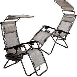 Set of 2 Zero Gravity Outdoor Lounge Chairs w/ Sunshade +Cup Holder with Mobile Device Slot Adju ...