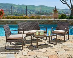 Suncrown Outdoor Furniture Wicker Conversation Set with Glass Top Table (4-Piece Set) All-Weathe ...