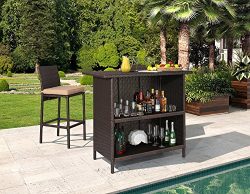 Ulax Furniture 3Pcs Patio Outdoor Wicker Bar Set with Stools, Table1 Cushioned Stool2