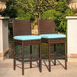 Sundale Outdoor 2 Pcs All Weather Patio Furniture Set Brown Wicker Barstool with Cushions, Blue