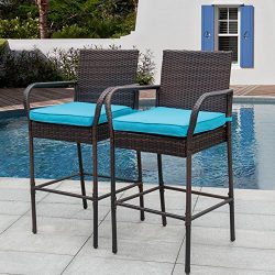 Sundale Outdoor 2 Pcs All Weather Patio Furniture Set Brown Wicker Barstool with Blue Cushions,  ...