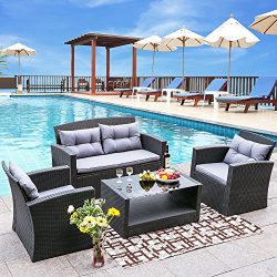 Merax 4 Pieces Outdoor Furniture Patio Cushion Wicker Rattan Garden Sofa Set Outdoor Rattan Wick ...