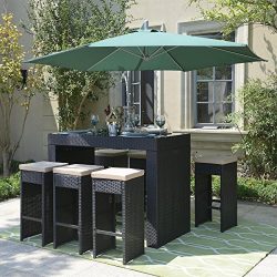 Belleze 7pc Outdoor Rattan Wicker Bar Stool Dining Table Set Barstool w/ Footrest, Black