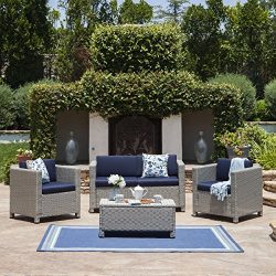 Pueblo Outdoor Wicker 4 Piece Chat Set with Water Resistant Cushions (Navy Blue)