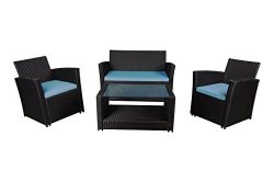 Modern Outdoor Garden, Patio 4 Piece Set – Wicker Sofa Furniture Set (Black / Blue)