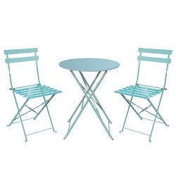 HollyHOME Outdoor Balcony Folding Steel Bistro Furniture Sets, Patio 3-Piece of Foldable Table a ...