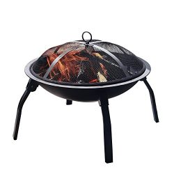 PHI VILLA Fire Pit 22″ Portable Patio Fireplace With Foldable Legs, Poker & Spark Scre ...