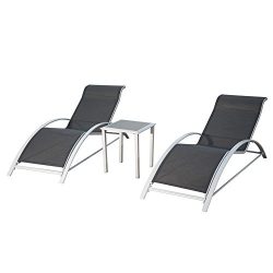 PatioPost Chaise Lounge Outdoor Patio Poolside Textilene Chair 3 Pc Set w/ Side Table, Grey