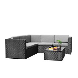 Sky Patio B1035-BL 4 Pieces Outdoor Furniture Complete Patio Wicker Rattan Garden Corner Sofa Co ...