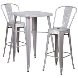 Flash Furniture 23.75” Square Silver Metal Indoor-Outdoor Bar Table Set with 2 Stools with ...