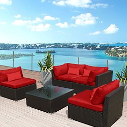 Modenzi 5G-U Outdoor Sectional Patio Furniture Espresso Brown Wicker Sofa Set (Red)