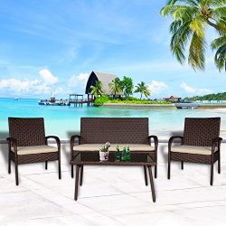 Cloud Mountain 4 PC Patio Rattan Furniture Set Wicker Rattan Conversation Sectional Sofa Glass T ...