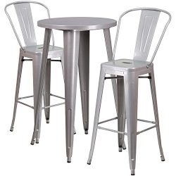 Flash Furniture 24” Round Silver Metal Indoor-Outdoor Bar Table Set with 2 Cafe Stools