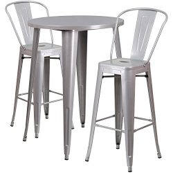 Flash Furniture 30” Round Silver Metal Indoor-Outdoor Bar Table Set with 2 Cafe Stools