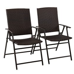 PHI VILLA Patio Rattan Folding Chair Indoor Outdoor Wicker Bistro Chair, 2 Pack