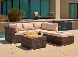 Suncrown Outdoor Furniture Sectional Sofa (4-Piece Set) All-Weather Brown Checkered Wicker with  ...