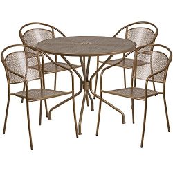 Flash Furniture 35.25” Round Gold Indoor-Outdoor Steel Patio Table Set with 4 Round Back C ...