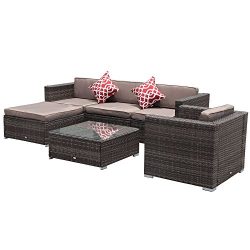 Super Patio 6pc Outdoor Rattan Sectional Furniture Set with Light Brown Seat and Back Cushions,  ...