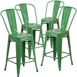 Flash Furniture 4 Pk. 24” High Green Metal Indoor-Outdoor Counter Height Stool with Back