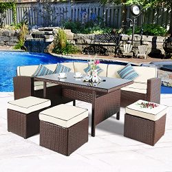 Cloud Mountain 7 PC Patio Wicker Rattan Dining Set Outdoor Garden Lawn Conversation Furniture Se ...