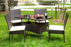 Merax 5 Pieces Indoor Outdoor Dining Set PE Rattan Garden Dining Table and Chairs Patio Set Furn ...