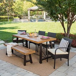 Belham Outdoor 6 Piece Teak Finished Acacia Wood Dining Set with Multibrown Wicker Dining Chairs ...