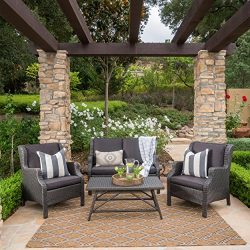 Lani Outdoor 4 Piece Grey Wicker Chat Set with Black Water Resistant Cushions