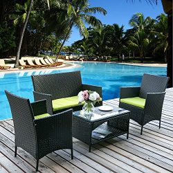 Merax 4 PC Rattan Patio Furniture Set Outdoor Patio Cushioned Seat Wicker Sofa (Green Cushion)