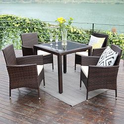 Patio Dining Table Set 5 Piece,Wisteria Lane Outdoor Upgrade wicker Rattan Dining Furniture Glas ...