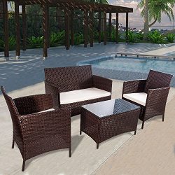 Merax Patio Furniture Set 4 PCS Outdoor Garden Rattan Wicker Sofa  (Brown)