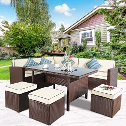 Cloud Mountain 7 PC Patio Wicker Rattan Dining Set Outdoor Garden Lawn Conversation Furniture Se ...