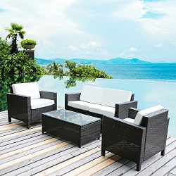 Merax 4 PC Outdoor Rattan Patio Furniture Set PE Rattan Wicker Sofa Set Garden Lawn Sofa with Cu ...