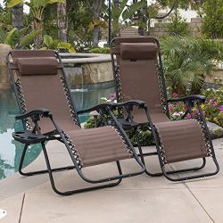 Belleze 2pack Zero Gravity Chairs Recliner Lounge Patio Chairs Folding Cup Holder Tray, Brown