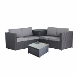 MeiYi 4PCS All-Weather Cushioned Outdoor Garden Storage Box Function Sofa Set Patio PE Rattan Wi ...