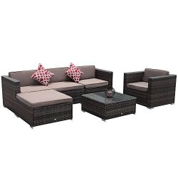 PATIOROMA 6pc Patio Conversation Set, Rattan Sectional Furniture Sofa Set with Light Brown Seat  ...