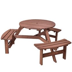 Giantex 6 Person Round Picnic Table Set Outdoor Pub Dining Seat Wood Bench